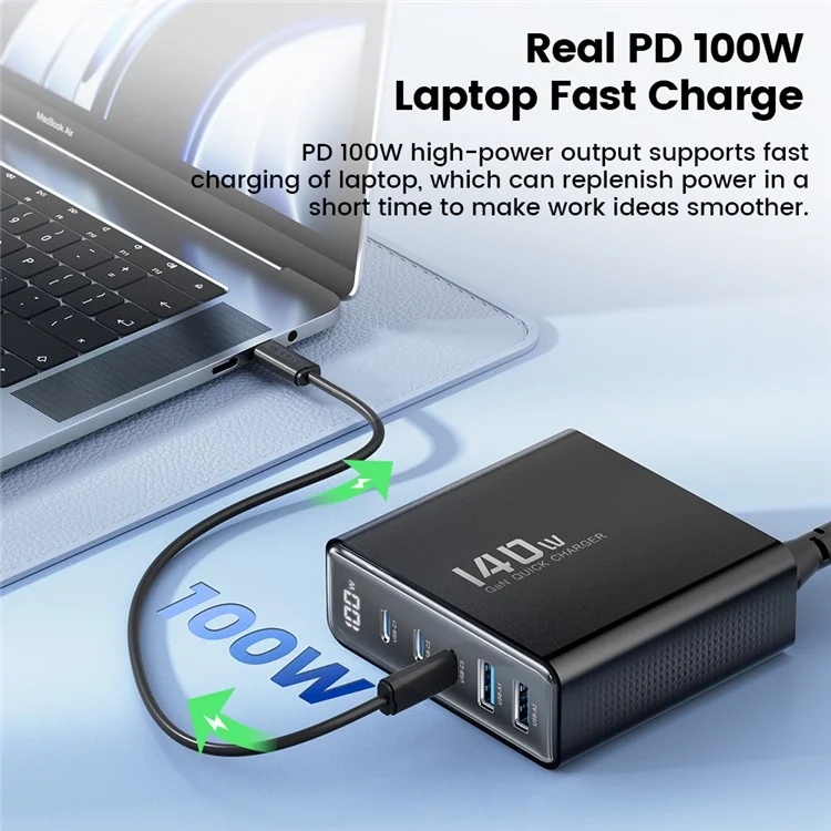 TOOCKI  TCT140-22 140W GaN Charging Station Travel Desktop Charger, 3 Type-C+2 USB-A - Black / US Plug