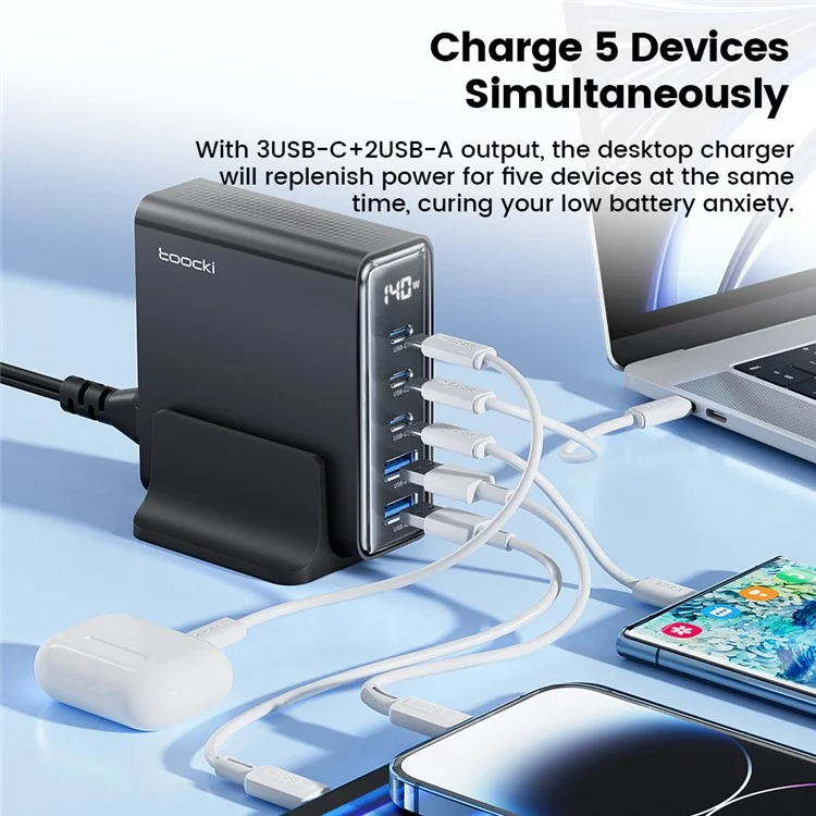 TOOCKI  TCT140-22 140W GaN Charging Station Travel Desktop Charger, 3 Type-C+2 USB-A - Black / US Plug