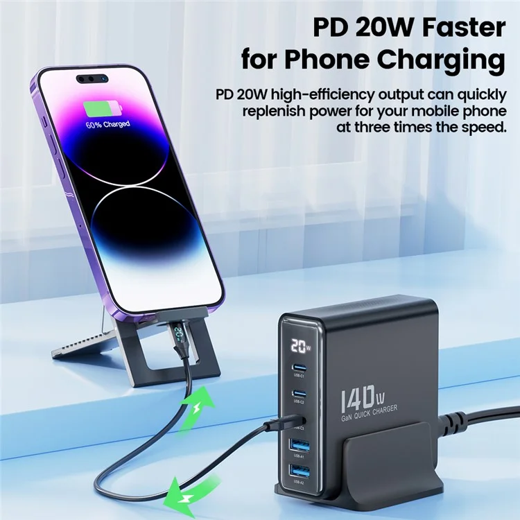TOOCKI  TCT140-22 140W GaN Charging Station Travel Desktop Charger, 3 Type-C+2 USB-A - Black / US Plug