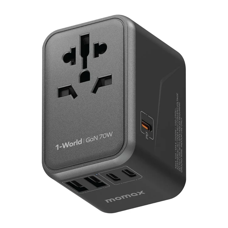 MOMAX UA8A 1-Welt PD 70W GaN 5 Ports + AC Reiseadapter Globales Wandladegerät - Schwarz