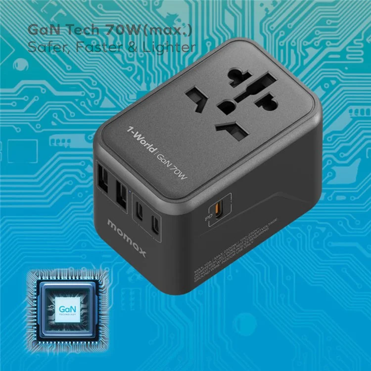 MOMAX UA8A 1-Welt PD 70W GaN 5 Ports + AC Reiseadapter Globales Wandladegerät - Schwarz
