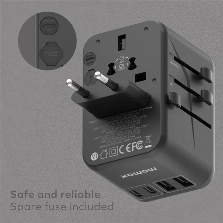 MOMAX UA8A 1-Welt PD 70W GaN 5 Ports + AC Reiseadapter Globales Wandladegerät - Schwarz