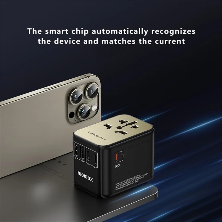 MOMAX UA9 1-Welt 35W Universal PD Schnellladegerät Netzteil Globale Reise 5 Ports + AC-Steckdosen-Konverter - Titangold