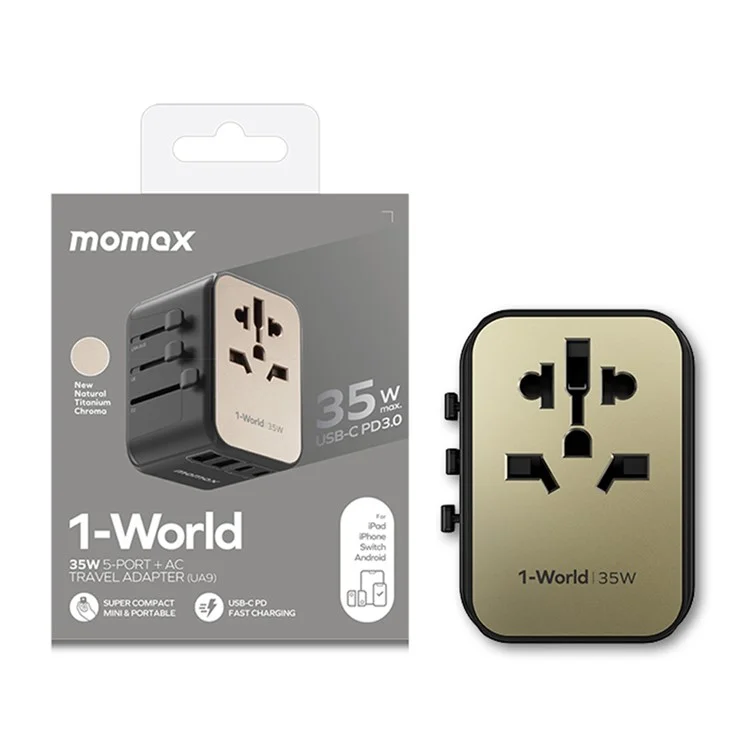 MOMAX UA9 1-World 35W PD Universal PD Adaptador de Potencia de Carga Rápida Viajes Globales 5 Puertos + Converter de Socket - Oro de Titanio