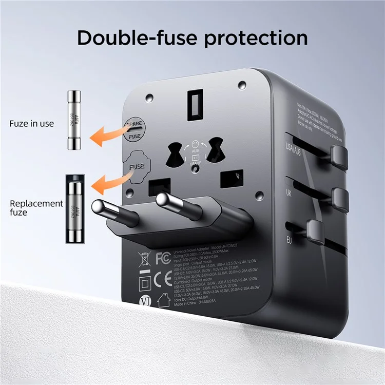 JOYROOM JR-TCW02 65W Fast Charging 2 USB+3 Type-C Built-in Fuse Travel Charger Converter