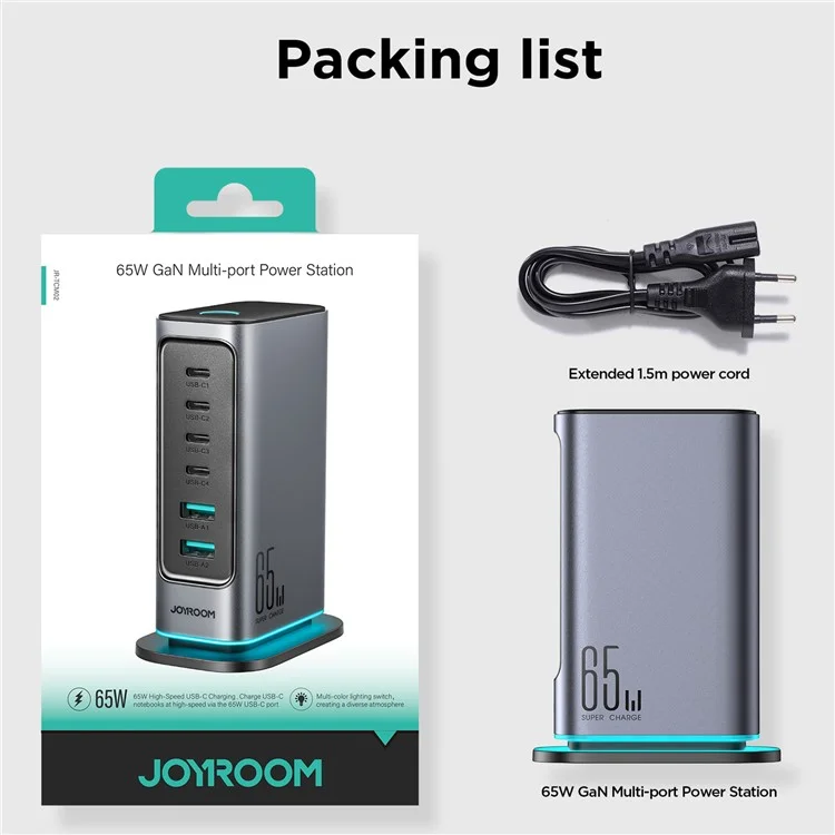 JOYROOM TCM02 65W 6-Port USB Desktop Charger GaN Fast Charging Station Hub - Prise EU