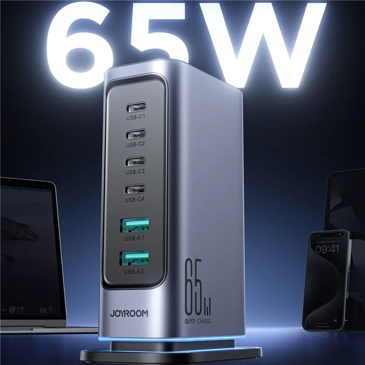 JOYROOM TCM02 65W 6-Port USB Desktop Charger GaN Fast Charging Station Hub - Prise EU
