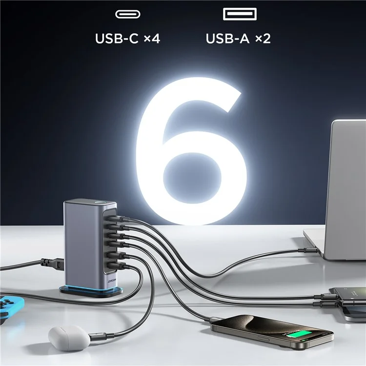 JOYROOM TCM02 65W 6-Port USB Desktop Charger GaN Fast Charging Station Hub - Prise EU