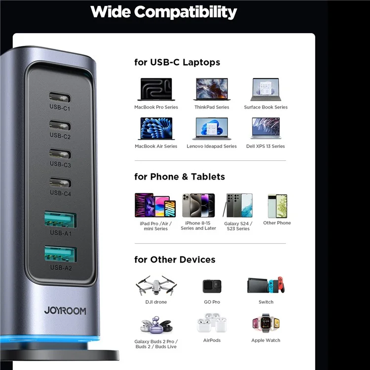 JOYROOM TCM02 65W 6-Port USB Desktop Charger GaN Fast Charging Station Hub - Prise EU