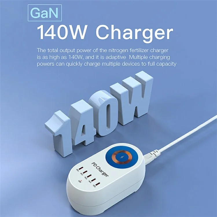 WLX-810C Five PD Ports 140W GaN Desktop Charger Support 15W Wireless Charging - US Plug