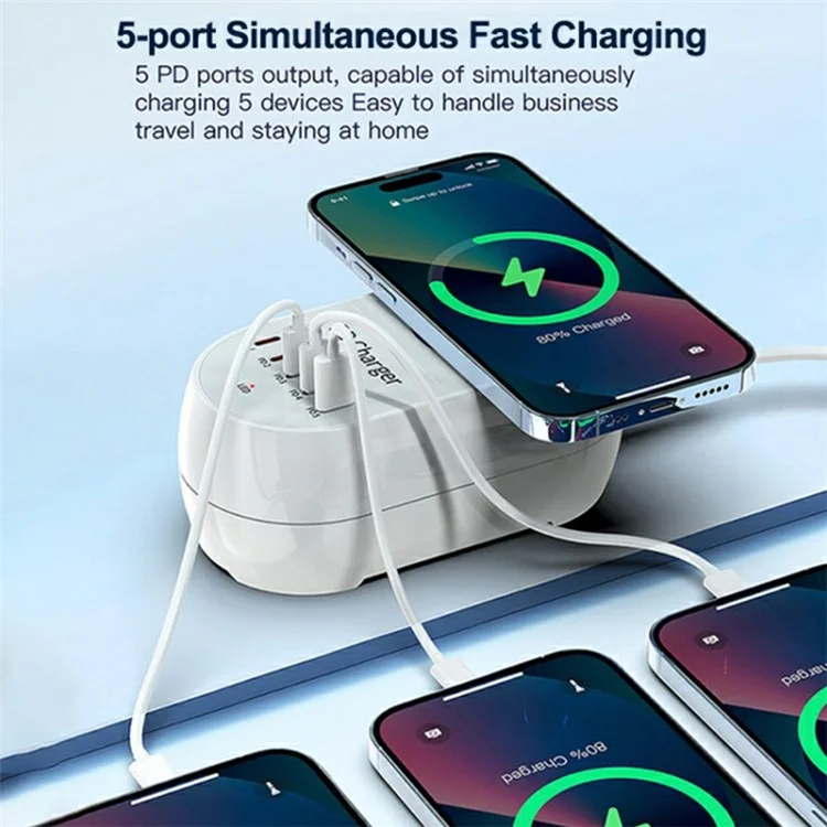 WLX-810C Five PD Ports 140W GaN Desktop Charger Support 15W Wireless Charging - US Plug