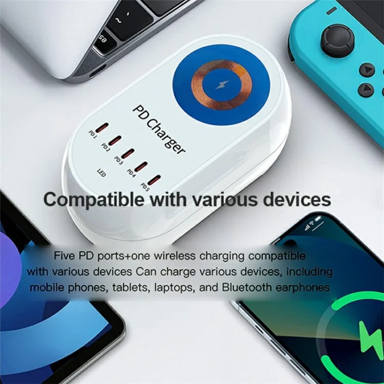 WLX-810C Five PD Ports 140W GaN Desktop Charger Support 15W Wireless Charging - US Plug