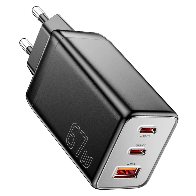 ESSAGER 67Вт Высокомощный GaN адаптер для путешествий USB-A + 2 Type-C Портативное настенное зарядное устройство - EU Plug / Черный
