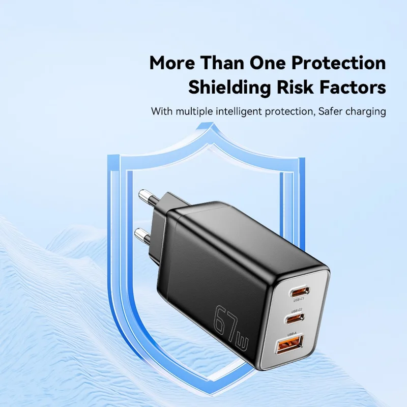 ESSAGER 67Вт Высокомощный GaN адаптер для путешествий USB-A + 2 Type-C Портативное настенное зарядное устройство - EU Plug / Черный