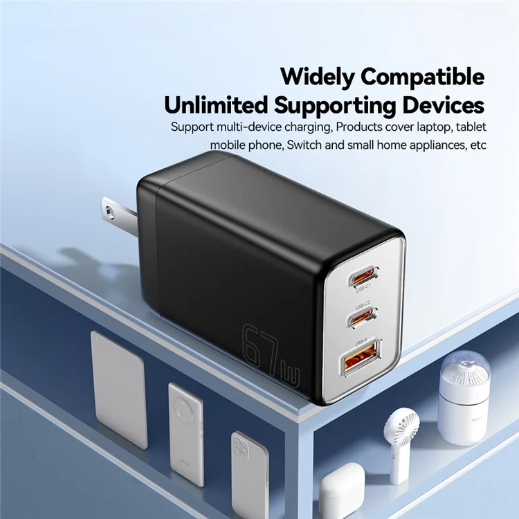 ESSAGER 67W High Power GaN Travel Adapter USB-A + 2 Type-C Portable Wall Charger - US Plug / Black