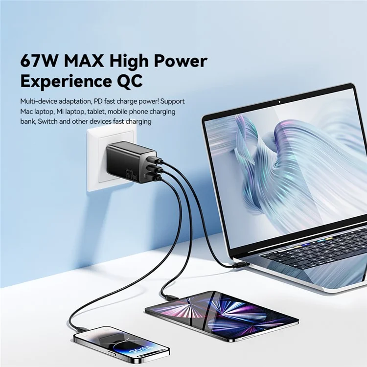 ESSAGER 67W High Power GaN Travel Adapter USB-A + 2 Type-C Portable Wall Charger - US Plug / Black