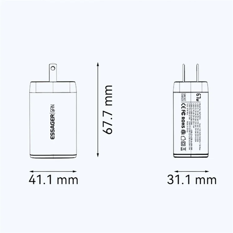 ESSAGER 67W High Power GaN Travel Adapter USB-A + 2 Type-C Portable Wall Charger - US Plug / Black