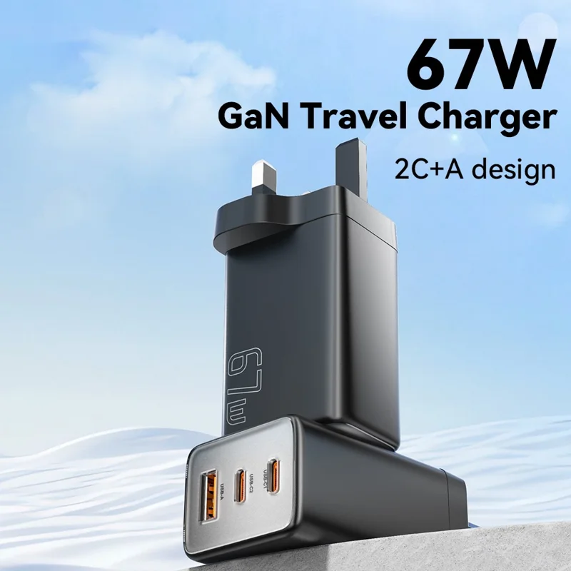 ESSAGER 67W High Power GaN Travel Adapter USB-A + 2 Type-C Portable Wall Charger - UK Plug / Black
