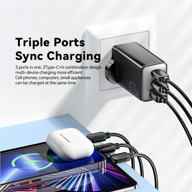ESSAGER 67W High Power GaN Travel Adapter USB-A + 2 Type-C Portable Wall Charger - UK Plug / Black