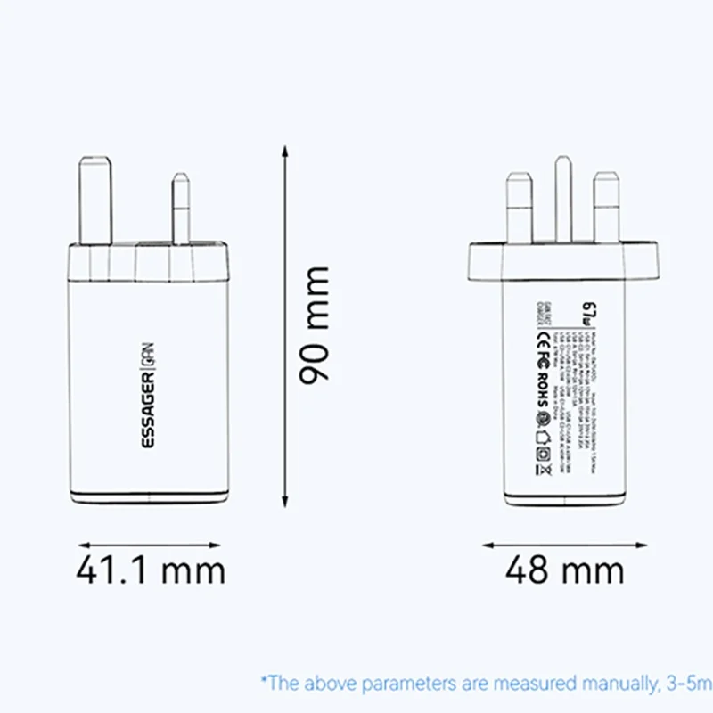 ESSAGER 67W High Power GaN Travel Adapter USB-A + 2 Type-C Portable Wall Charger - UK Plug / Black