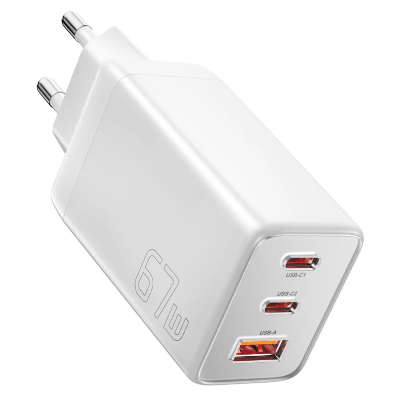 Адаптер питания ESSAGER 67 Вт с технологией GaN, USB-A + 2 Type-C, портативный настенный зарядный блок - EU Plug / White