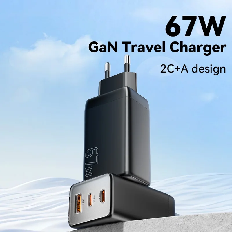 Адаптер питания ESSAGER 67 Вт с технологией GaN, USB-A + 2 Type-C, портативный настенный зарядный блок - EU Plug / White