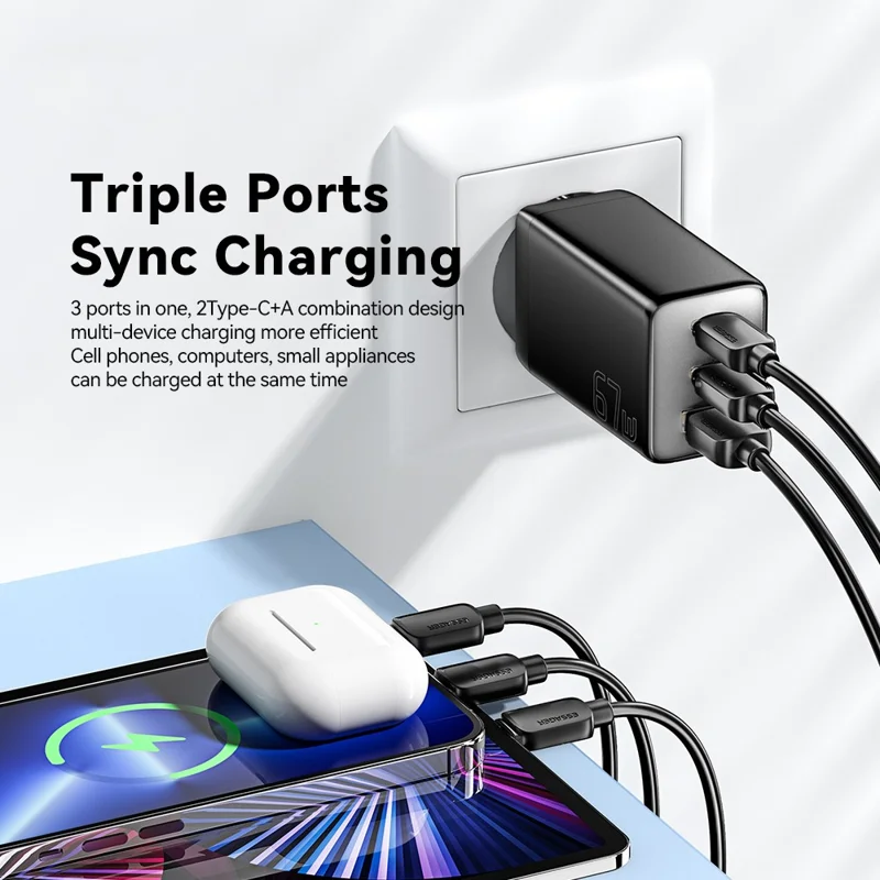 Адаптер питания ESSAGER 67 Вт с технологией GaN, USB-A + 2 Type-C, портативный настенный зарядный блок - EU Plug / White
