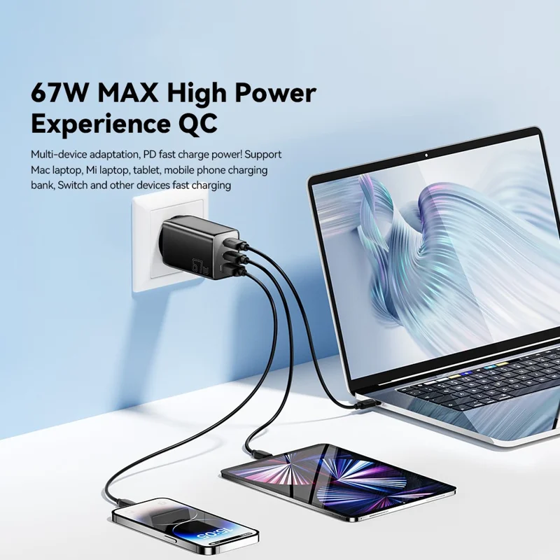 Адаптер питания ESSAGER 67 Вт с технологией GaN, USB-A + 2 Type-C, портативный настенный зарядный блок - EU Plug / White