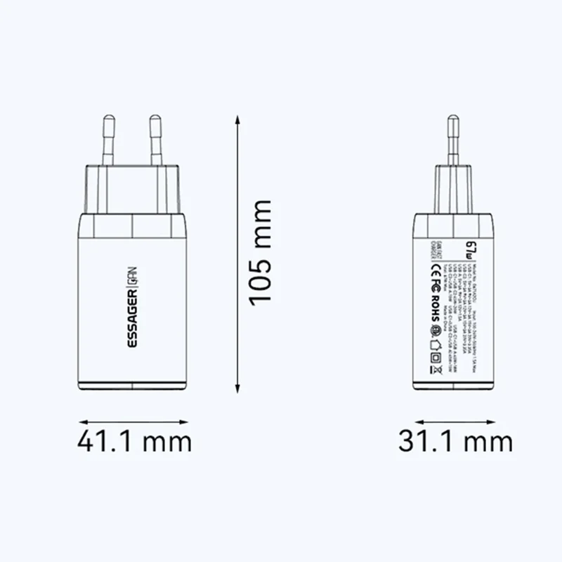 Адаптер питания ESSAGER 67 Вт с технологией GaN, USB-A + 2 Type-C, портативный настенный зарядный блок - EU Plug / White