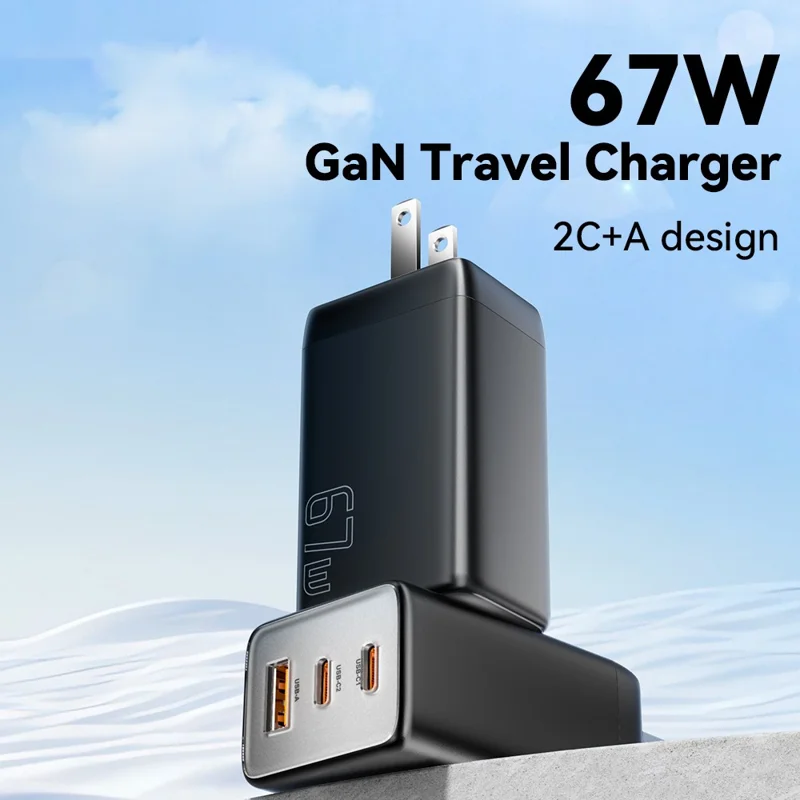 ESSAGER 67W High Power GaN Travel Adapter USB-A + 2 Type-C Portable Wall Charger - US Plug / White