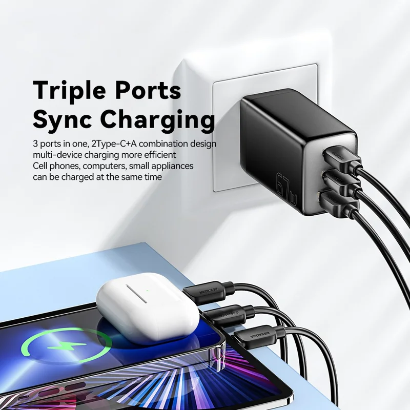 ESSAGER 67W High Power GaN Travel Adapter USB-A + 2 Type-C Portable Wall Charger - US Plug / White