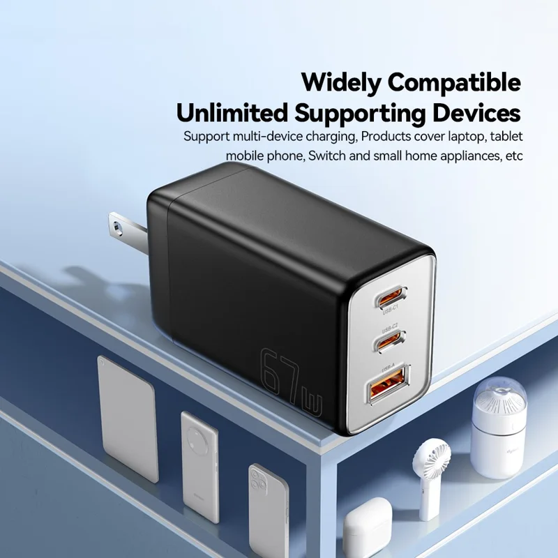 ESSAGER 67W High Power GaN Travel Adapter USB-A + 2 Type-C Portable Wall Charger - US Plug / White