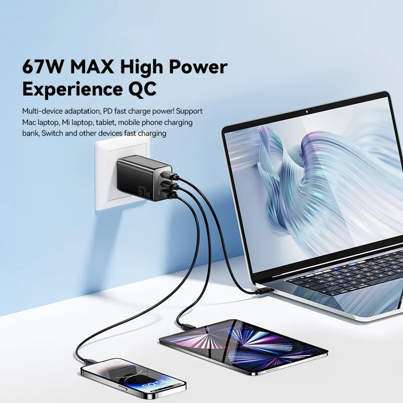 ESSAGER 67W High Power GaN Travel Adapter USB-A + 2 Type-C Portable Wall Charger - US Plug / White