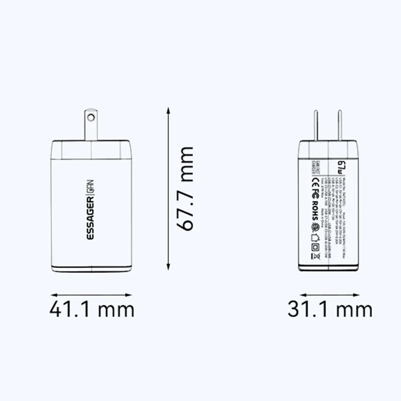 ESSAGER 67W High Power GaN Travel Adapter USB-A + 2 Type-C Portable Wall Charger - US Plug / White