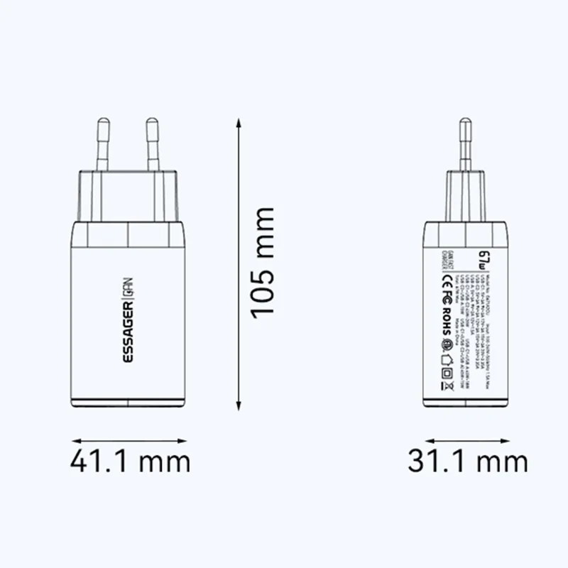 ESSAGER 67W High Power GaN Travel Adapter USB-A + 2 Type-C Portable Wall Charger - KR Plug / White