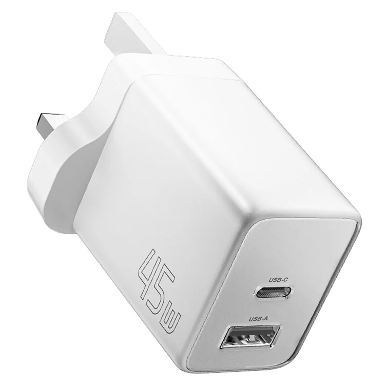 ESSAGER ES-CD40 45W GaN Cargador de Viaje Tipo-C + USB-A para Teléfono y Tableta - Adaptador de Alimentación Blanco para Enchufe Reino Unido