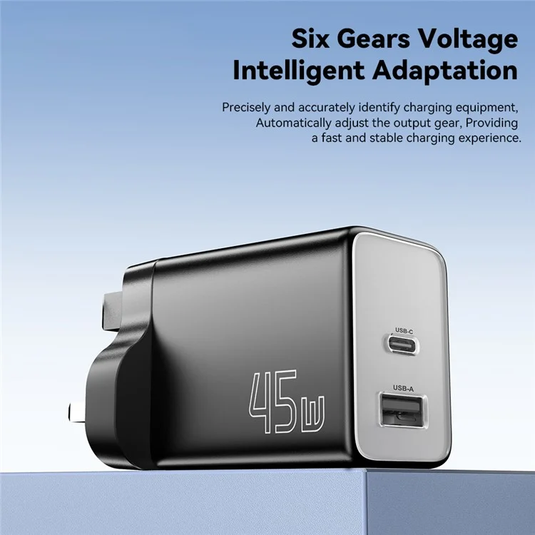 ESSAGER ES-CD40 45W GaN Cargador de Viaje Tipo-C + USB-A para Teléfono y Tableta - Adaptador de Alimentación Blanco para Enchufe Reino Unido