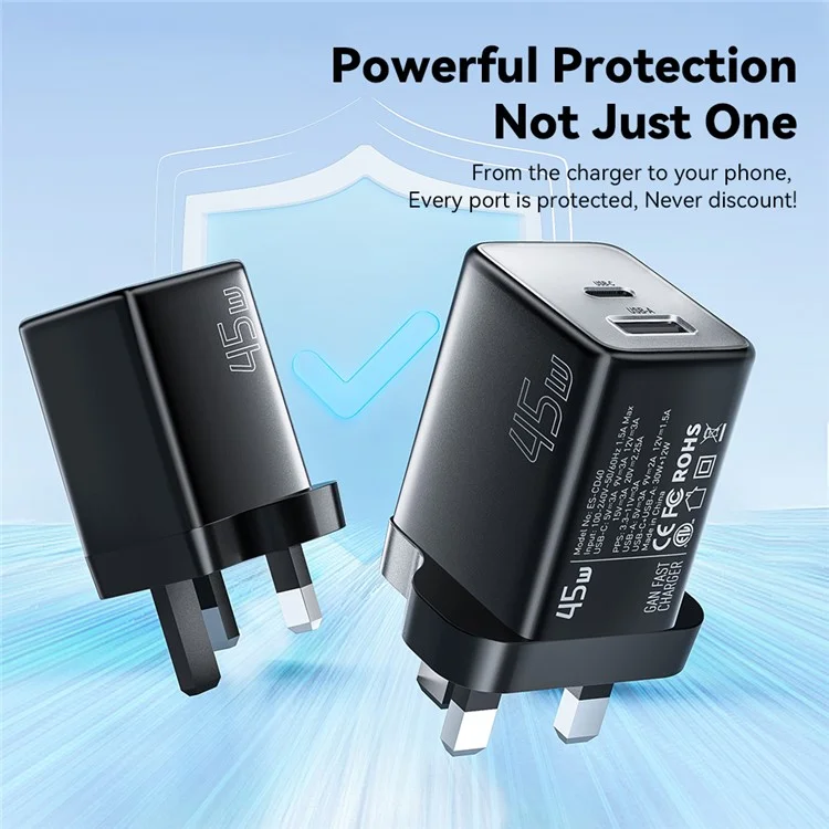 ESSAGER ES-CD40 45W GaN Cargador de Viaje Tipo-C + USB-A para Teléfono y Tableta - Adaptador de Alimentación Blanco para Enchufe Reino Unido