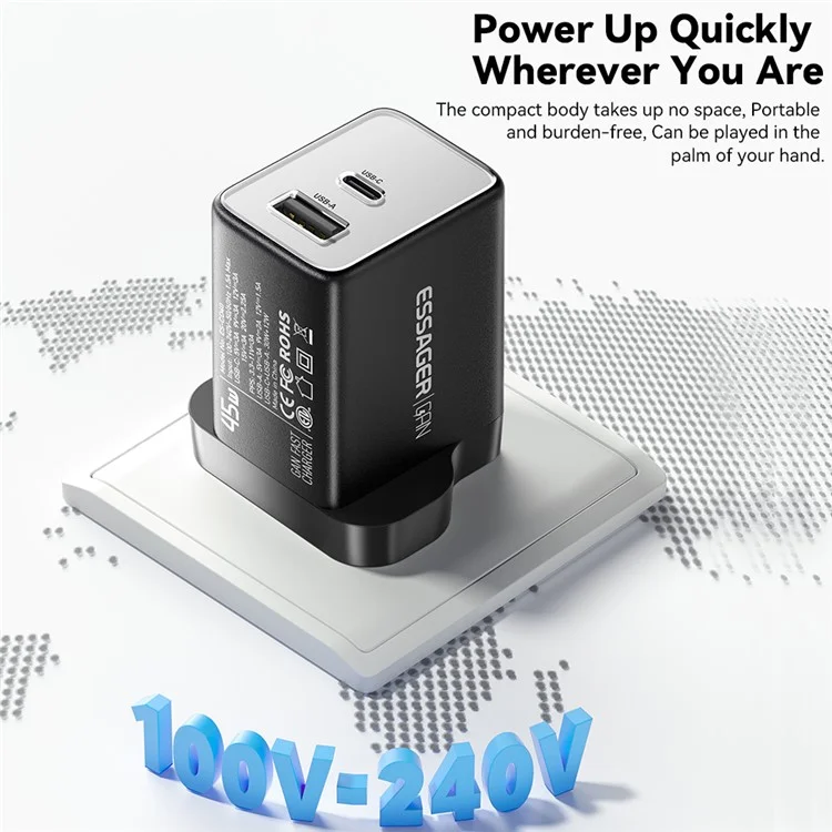 ESSAGER ES-CD40 45W GaN Cargador de Viaje Tipo-C + USB-A para Teléfono y Tableta - Adaptador de Alimentación Blanco para Enchufe Reino Unido