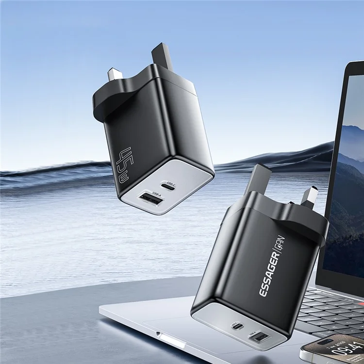 ESSAGER ES-CD40 45W GaN Cargador de Viaje Tipo-C + USB-A para Teléfono y Tableta - Adaptador de Alimentación Blanco para Enchufe Reino Unido