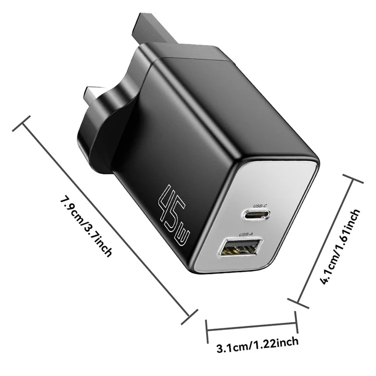 ESSAGER ES-CD40 45W GaN Cargador de Viaje Tipo-C + USB-A para Teléfono y Tableta - Adaptador de Alimentación Blanco para Enchufe Reino Unido