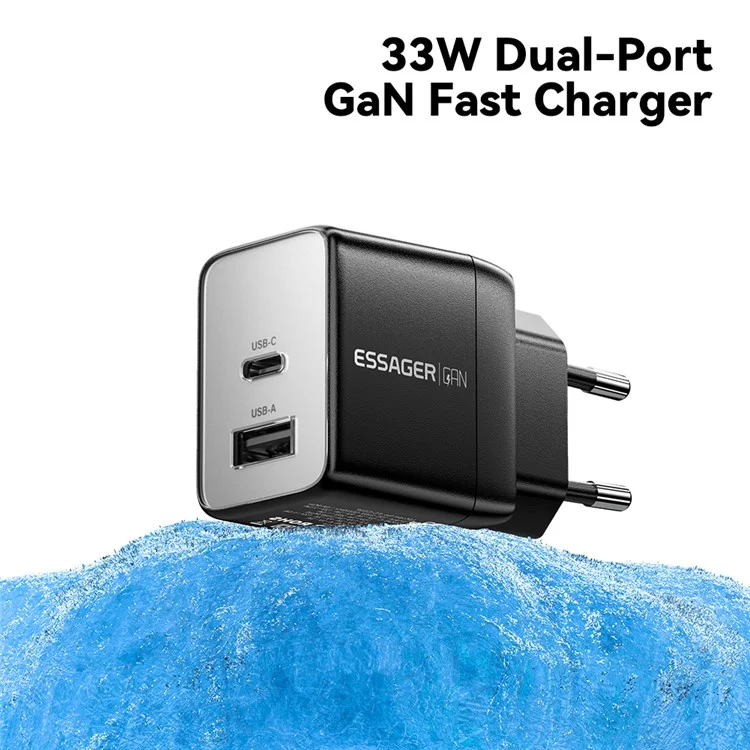 ESSAGER PD 33W Fast Charging Wall Charger USB-A + Type-C Travel GaN Adapter - EU Plug / Black