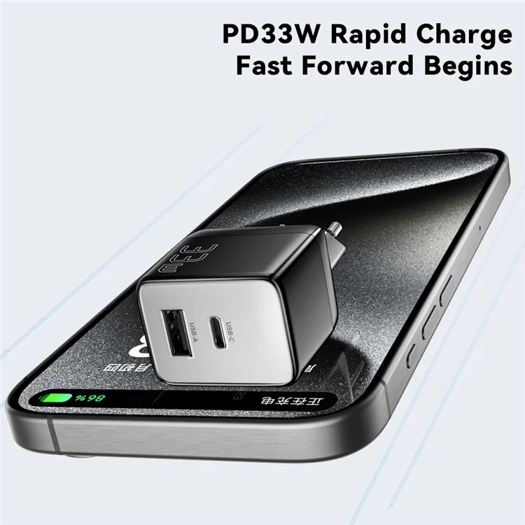 ESSAGER PD 33W Fast Charging Wall Charger USB-A + Type-C Travel GaN Adapter - EU Plug / Black