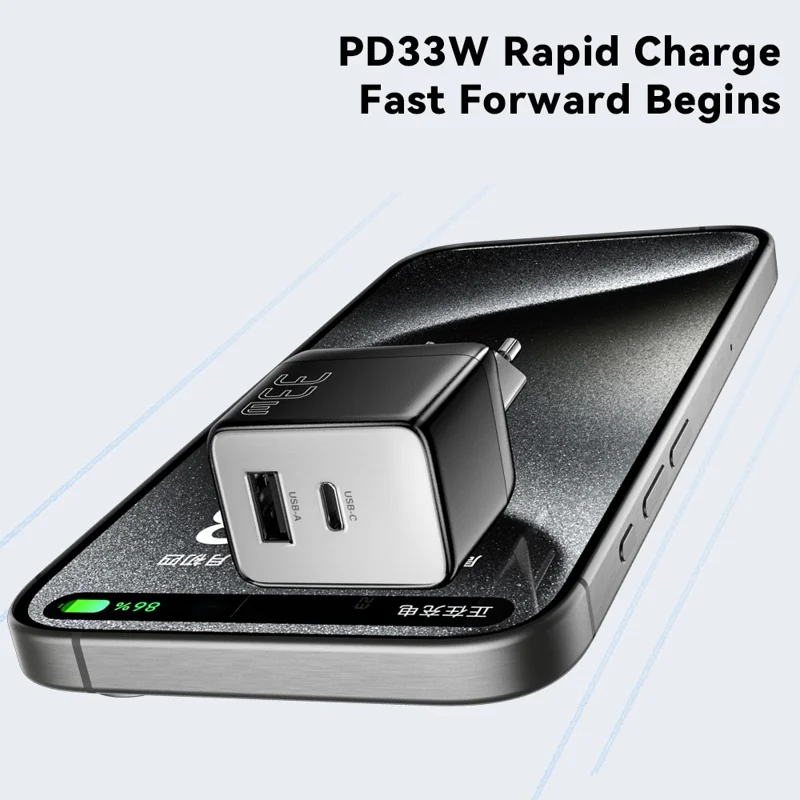 ESSAGER PD 33W Fast Charging Wall Charger USB-A + Type-C Travel GaN Adapter - EU Plug / White