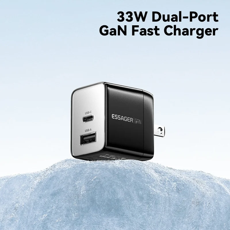 ESSAGER PD 33W Fast Charging Wall Charger USB-A + Type-C Travel GaN Adapter - US Plug / White