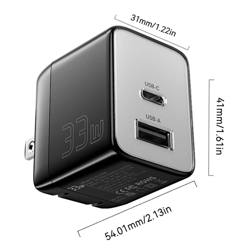 ESSAGER PD 33W Fast Charging Wall Charger USB-A + Type-C Travel GaN Adapter - US Plug / White