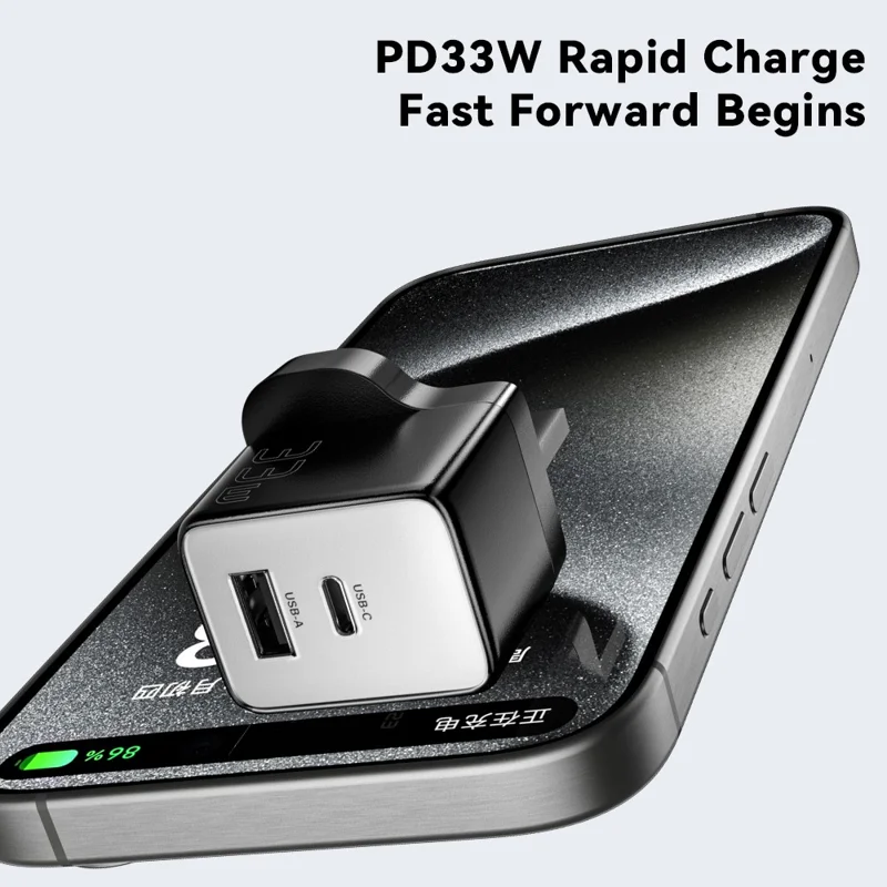ESSAGER PD 33W Fast Charging Wall Charger USB-A + Type-C Travel GaN Adapter - UK Plug / White