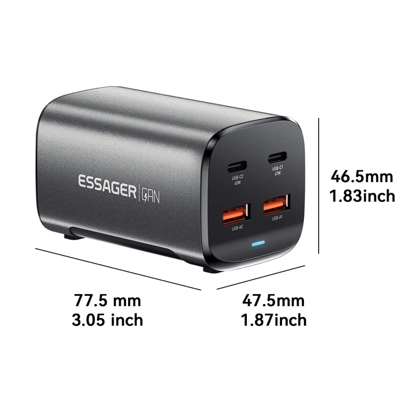 ESSAGER 67W GaN Power Adapter 2 USB + 2 Type-C Portable Desktop Charger - US Plug