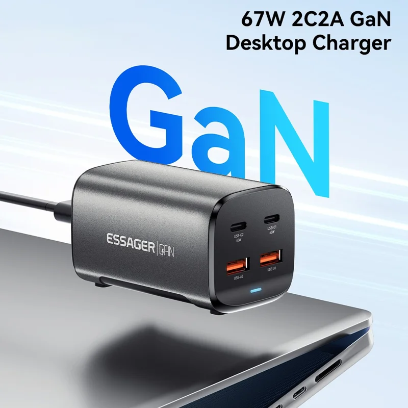 ESSAGER 67W GaN Power Adapter 2 USB + 2 Type-C Portable Desktop Charger - US Plug