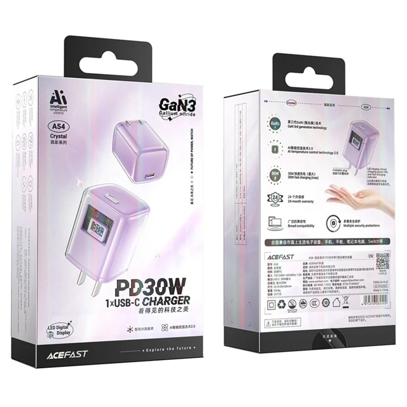 ACEFAST A54 GaN Power Adapter PD 30W USB-C Wall Charger Block, CN Plug - Purple